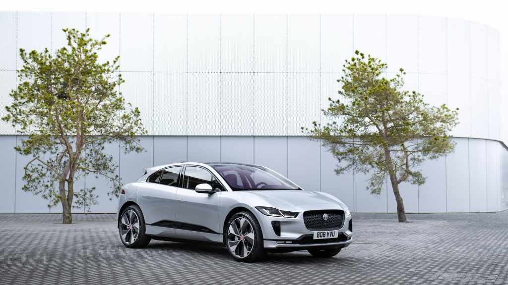 Jaguar I-Pace electric car exterior front parked outside building